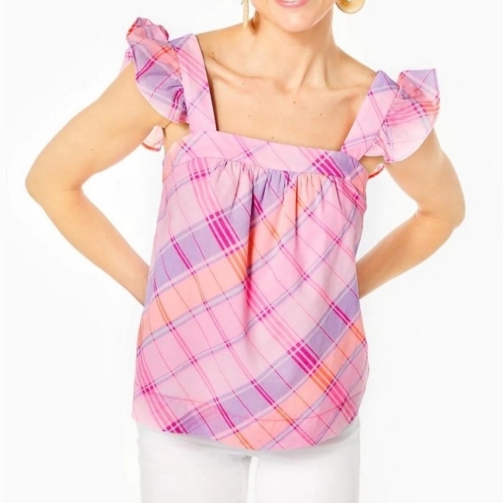 XS Lilly Pulitzer Reyna Ruffle Top in Madras Plaid Pink